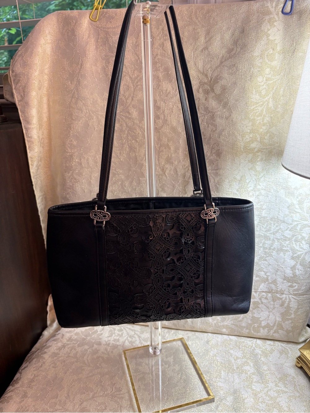 Brighton Black Lace-Front and Back Leather Shoulder Bag
